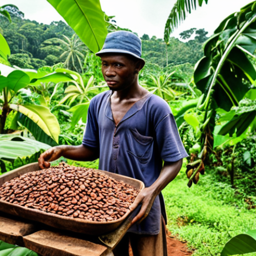 Home 15 **Image Prompt:** A vibrant cocoa plantation in Equatorial Guinea, showcasing an old farmer teaching a young man about selecting cocoa beans. Focus on the generational transfer of knowledge and the lush greenery of the plantation. Include traditional farming tools and a sense of connection to the past.