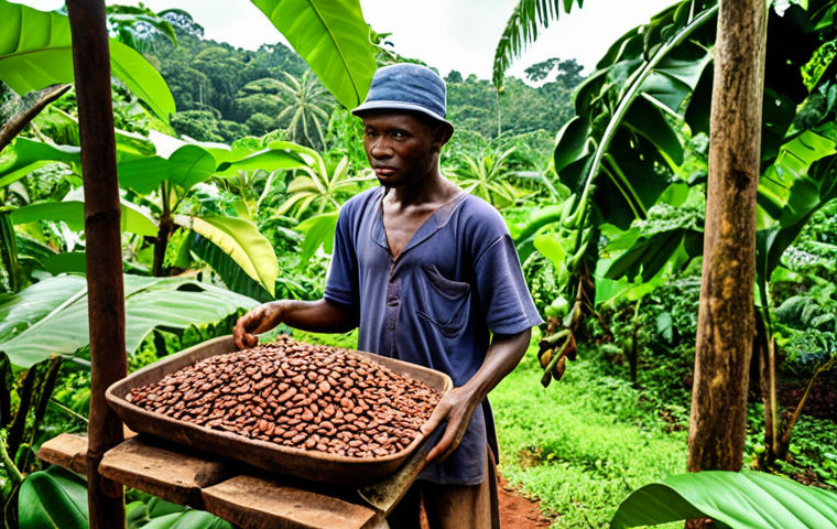 **Image Prompt:** A vibrant cocoa plantation in Equatorial Guinea, showcasing an old farmer teaching a young man about selecting cocoa beans. Focus on the generational transfer of knowledge and the lush greenery of the plantation. Include traditional farming tools and a sense of connection to the past.