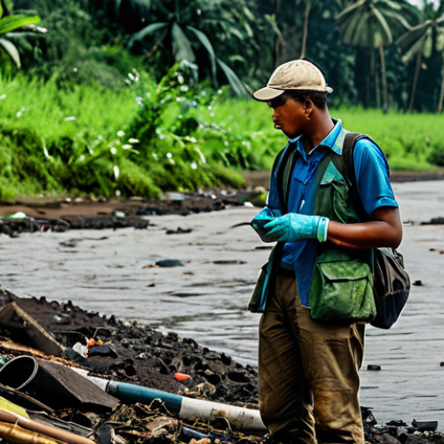 Home 14 A local environmental researcher, fully clothed in practical, modest field attire, stands thoughtfully by a polluted riverbank in Equatorial Guinea, observing visible signs of water contamination and discarded plastic waste. Lush, somewhat distressed vegetation lines the river. The scene is captured with professional photography, high detail, perfect anatomy, correct proportions, well-formed hands, proper finger count, natural body proportions, natural pose, safe for work, appropriate content, fully clothed, modest, family-friendly.