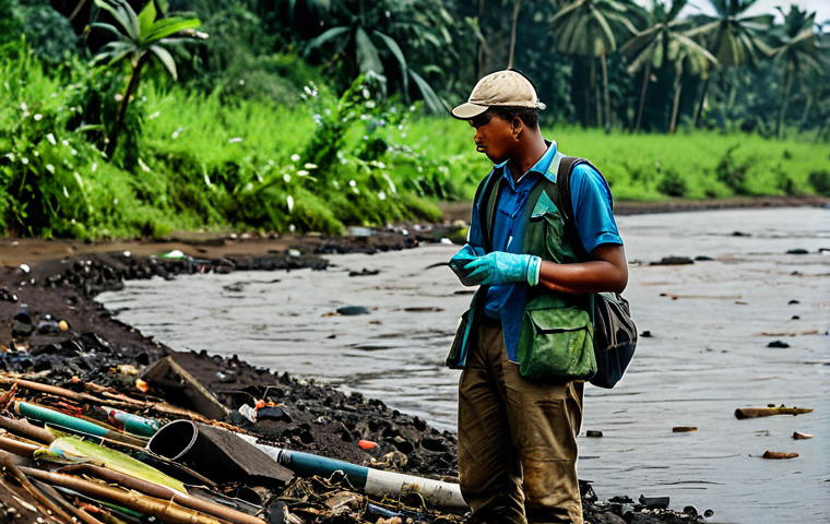 A local environmental researcher, fully clothed in practical, modest field attire, stands thoughtfully by a polluted riverbank in Equatorial Guinea, observing visible signs of water contamination and discarded plastic waste. Lush, somewhat distressed vegetation lines the river. The scene is captured with professional photography, high detail, perfect anatomy, correct proportions, well-formed hands, proper finger count, natural body proportions, natural pose, safe for work, appropriate content, fully clothed, modest, family-friendly.