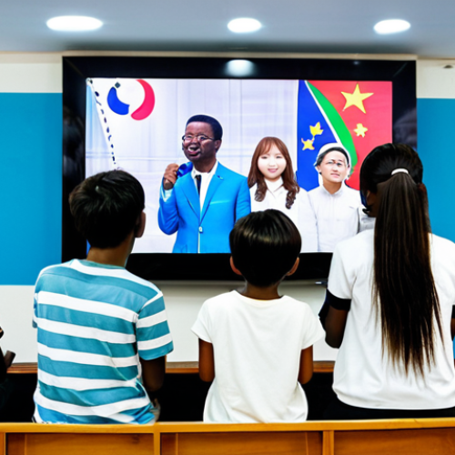 Home 7 **
"A group of young Equatoguinean adults, fully clothed in modest, modern clothing, excitedly watching K-pop music videos on a large screen in a brightly lit community center. The room is decorated with posters of Korean pop stars and flags of Equatorial Guinea. safe for work, appropriate content, family-friendly, professional photography, perfect anatomy, correct proportions, well-formed hands, proper finger count, natural body proportions."
**