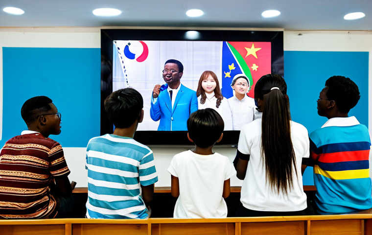 **

"A group of young Equatoguinean adults, fully clothed in modest, modern clothing, excitedly watching K-pop music videos on a large screen in a brightly lit community center. The room is decorated with posters of Korean pop stars and flags of Equatorial Guinea. safe for work, appropriate content, family-friendly, professional photography, perfect anatomy, correct proportions, well-formed hands, proper finger count, natural body proportions."

**