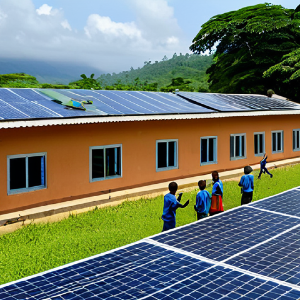 적도 기니의 전기 및 통신 인프라 - **

"A team of engineers installing solar panels on the roof of a rural school in Equatorial Guinea....