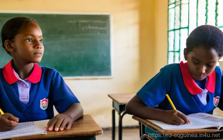 적도 기니의 교육 시스템 - **Equatorial Guinean Primary School Classroom**
    A brightly lit, clean, and organized primary sch...