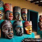 적도 기니의 수공예품과 기념품 추천 - A vibrant traditional Equatorial Guinean market scene showcasing skilled artisans crafting wooden ma...