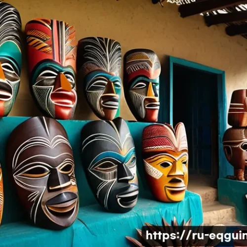 적도 기니의 수공예품과 기념품 추천 - A vibrant traditional Equatorial Guinean market scene showcasing skilled artisans crafting wooden ma...