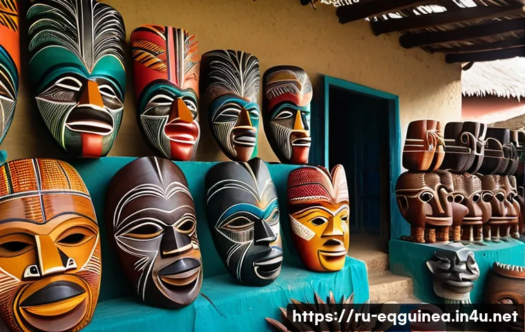 적도 기니의 수공예품과 기념품 추천 - A vibrant traditional Equatorial Guinean market scene showcasing skilled artisans crafting wooden ma...