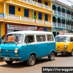 적도 기니에서의 교통수단 - A bustling urban street scene in Malabo, Equatorial Guinea, showcasing crowded mini-vans (marshrutka...