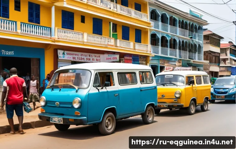 적도 기니에서의 교통수단 - A bustling urban street scene in Malabo, Equatorial Guinea, showcasing crowded mini-vans (marshrutka...