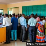 Home 22 적도 기니의 공공 서비스 및 행정 절차 - A busy government office in Malabo, Equatorial Guinea, showing a diverse group of people patiently w...