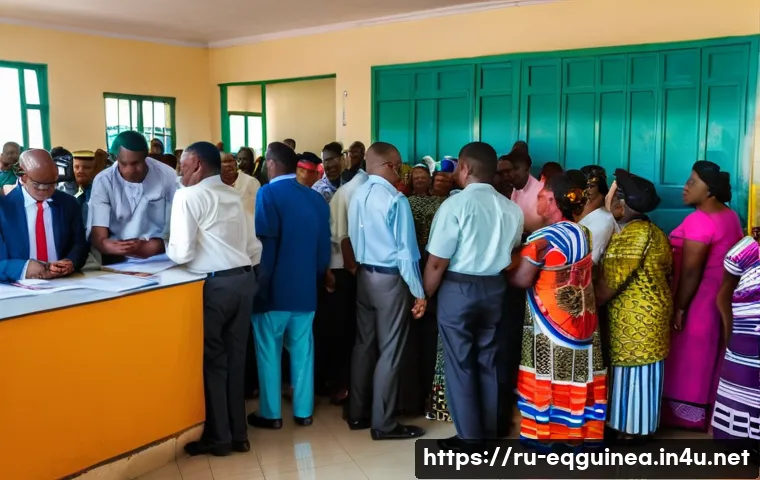 적도 기니의 공공 서비스 및 행정 절차 - A busy government office in Malabo, Equatorial Guinea, showing a diverse group of people patiently w...