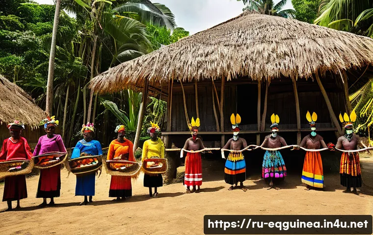 적도 기니 내 종교와 신앙 생활 - A vibrant rural scene in Equatorial Guinea showing indigenous people participating in a traditional ...