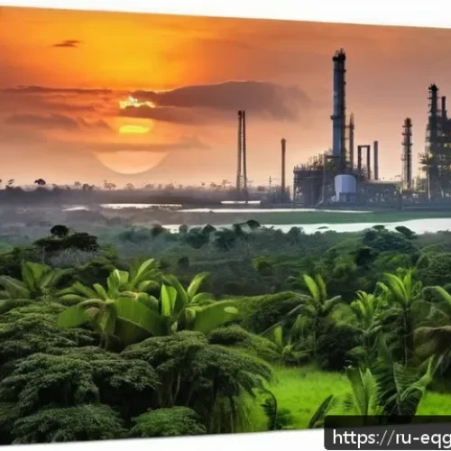 Home 31 적도 기니의 유명 인물 및 영향력 있는 정치인 - A detailed scene of an Equatorial Guinean oil refinery complex at sunset, with towering oil rigs and...