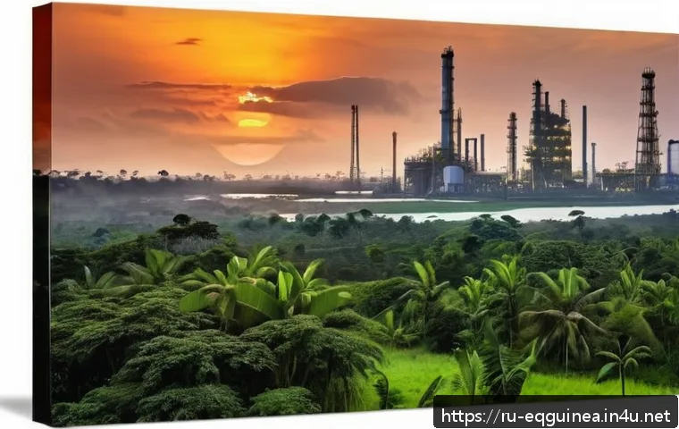 적도 기니의 유명 인물 및 영향력 있는 정치인 - A detailed scene of an Equatorial Guinean oil refinery complex at sunset, with towering oil rigs and...