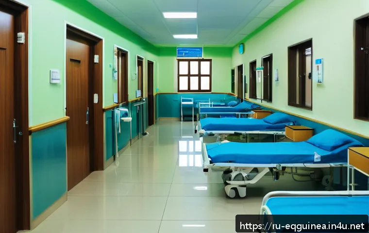 적도 기니에서의 의료 보험 및 응급 서비스 - A detailed scene of a modern but modest public hospital in Malabo, Equatorial Guinea, showing a dive...