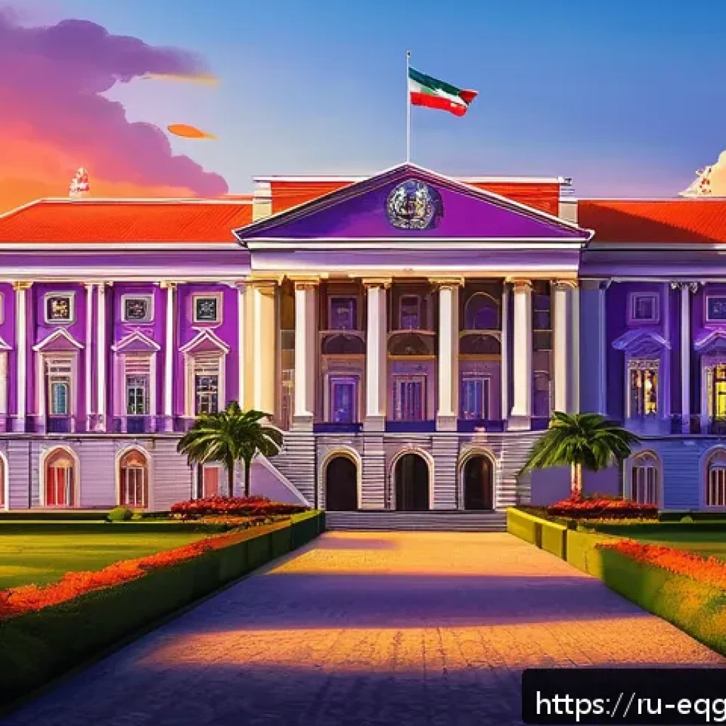 적도 기니 정치 구조 - A detailed digital painting of the presidential palace in Equatorial Guinea at sunset, showcasing a ...