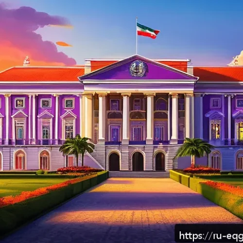 Home 17 적도 기니 정치 구조 - A detailed digital painting of the presidential palace in Equatorial Guinea at sunset, showcasing a ...
