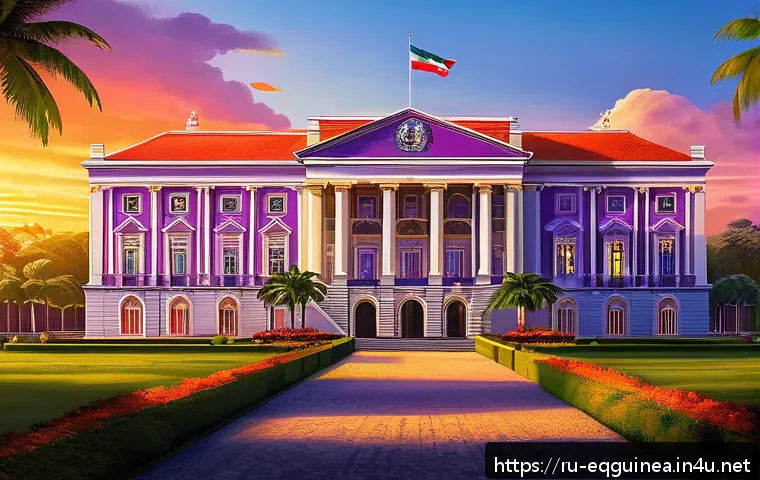 적도 기니 정치 구조 - A detailed digital painting of the presidential palace in Equatorial Guinea at sunset, showcasing a ...