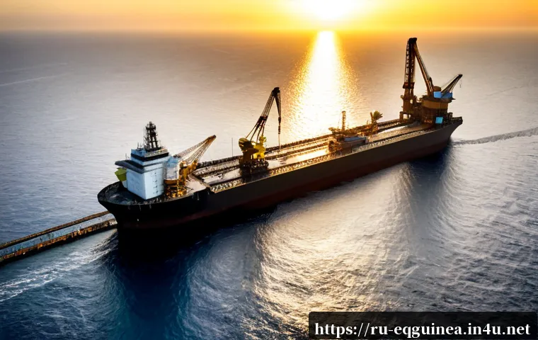 Home 17 적도 기니의 대표적인 산업 - Photorealistic offshore oil production platform in the warm Gulf of Guinea at sunrise, Equatorial Gu...