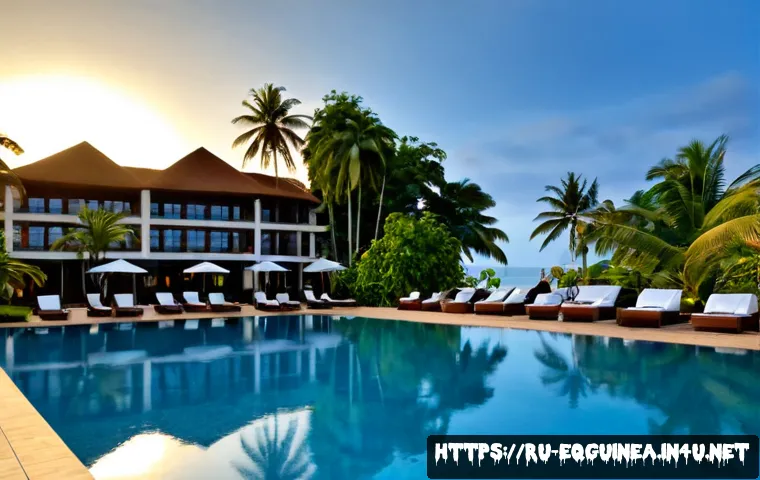 Home 13 적도 기니 내 호텔 추천 - Photorealistic luxury beachfront hotel in Malabo, Equatorial Guinea, elegant modern low-rise archite...