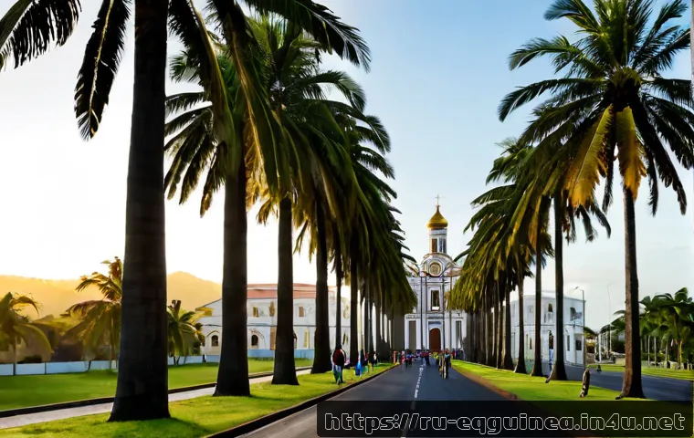 Home 15 적도 기니에서 여행자들이 가장 많이 방문하는 장소 - Photorealistic travel scene in Malabo, Equatorial Guinea, elegant Spanish colonial architecture alon...